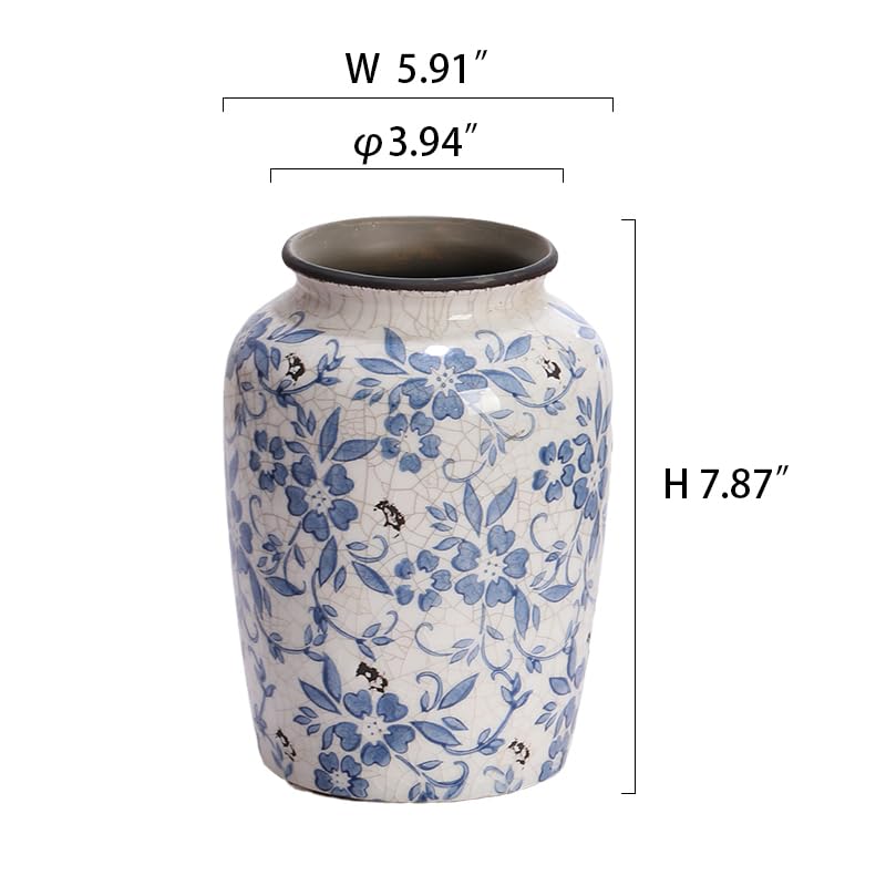 Denique Vintage Blue and White Porcelain Vase Ceramic Vase for Home Decor, Retro Crack Blue Flower Vase Pottery Vase Chinoiserie Decor - size: 5.9x7.8inch
