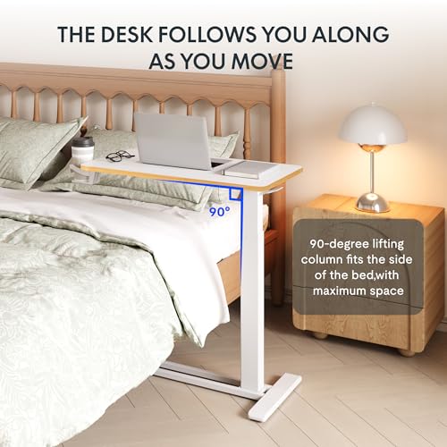 FLEXISPOT H7 Adjustable Overbed Bedside Table with Wheels Pneumatic Mobile Standing Desk Laptop Desk Rolling Computer Cart Movable Overbed Table Hospital Home Use(27.6" W x 15.7" D, White Maple) - color: White Maple, size: Small