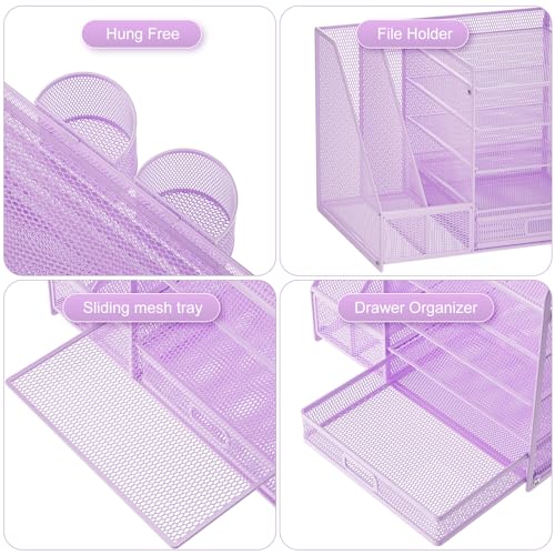 Marbrasse Desk Organizer with File Holder, 5-Tier Paper Letter Tray Organizer with Drawer and 2 Pen Holder, Mesh Desktop Organizer and Storage with Magazine Holder for Office Supplies(Purple) - color: Purple