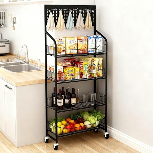 4-Tier Metal Display Rack Large Snack Shelving Unit with Hanging Panels and 12 Hooks 4 Casters for Easy Mobility Freestanding Display Unit Ideal for Supermarkets and Retail Stores (55H*23.68W*10.4D) - size: 55H*23.68W*10.4D