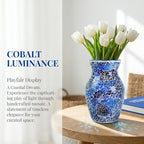 8" Deep Blue Mosaic Vase, Klein Blue Glass Flower Vase with Silver Wave Crest Design, Hand-Pasted Ocean Art Centerpiece for Modern Home, Living Room & Office - color: Blue