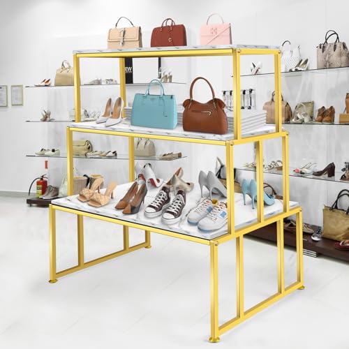 Metal Shoe Handbag Display Table，3 Tier Heavy Duty Risers Display Stands，Modern Standing Display Riser Shelf for Retail Stores Vendor Events, Iron and Wood, Gold