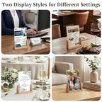 EHWINE 8 Pack 4x6 Acrylic Sign Holder with Wood Base, 2-in-1 Vertical & Slant Back Display, U-Shaped Clear Menu Holder Stand with Non-Slip Base Pads for Table, Desk, Countertop, Restaurant
