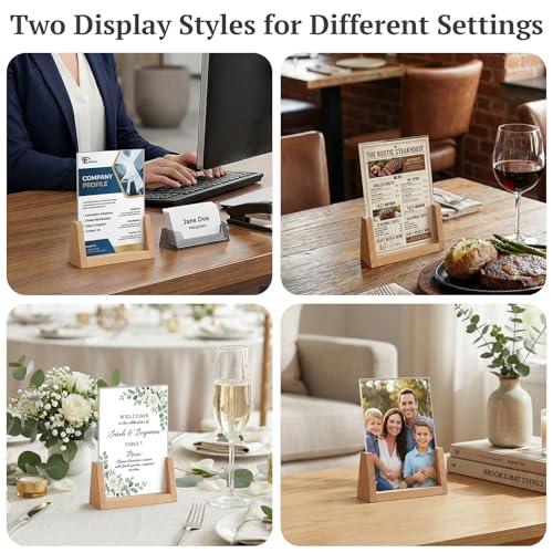 EHWINE 8 Pack 4x6 Acrylic Sign Holder with Wood Base, 2-in-1 Vertical & Slant Back Display, U-Shaped Clear Menu Holder Stand with Non-Slip Base Pads for Table, Desk, Countertop, Restaurant