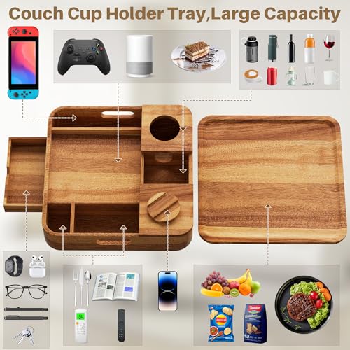 Couch Cup Holder, Couch Tray Cup Holder Sofa Tray, Acacia Wood Large Capacity 2-Tier Wooden Trays with Drawer for Sofa, Bed, Picnic, Drinks, Snacks, Remote, Cell Phone 12.5 * 12.5 in - color: Acacia Wood