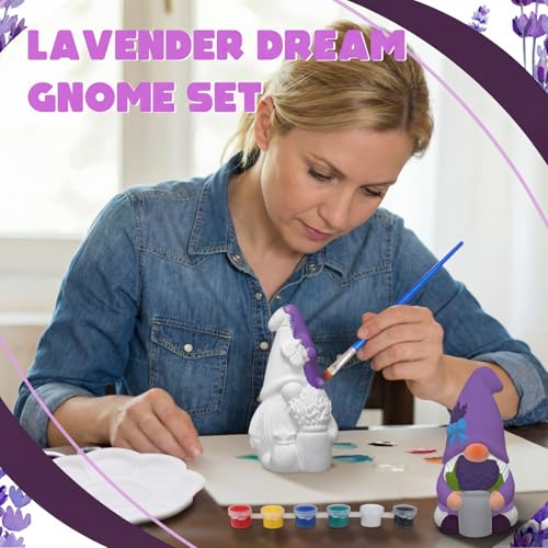 Seenelling 2 Pack Lavender Dream Gnomes Ready to Paint Your Own Statues 4'' DIY Unpainted Ceramics Figurines Kit Paintable Ceramics Art and Crafts Purple Fragrance Wonderland Journey Decor - style: Lavender Gnomes