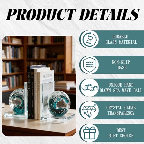 Decorative Bookends for Shelves, Hand Blown Ocean Crystal Ball Unique Bookends for Heavy Books, Office Desk Decor, Ideal for Ocean Lovers (Dark Green) - color: Dark Green
