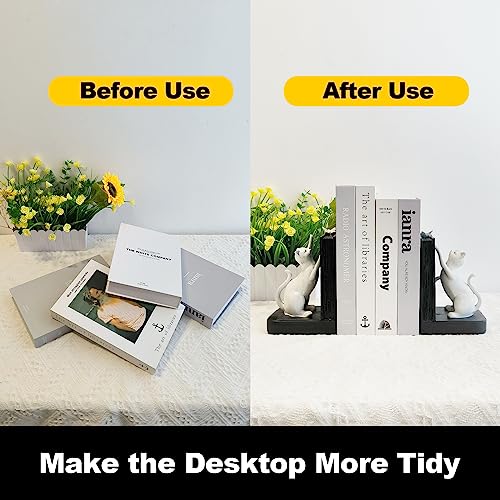 LIFFY Cat Decorative Bookends Decor Unique - Heavy Duty Book Holder, Modern Living Room Decor, Non Skid Bookshelf Stopper, Cute Book Ends for Shelves, Study, Office Desk, Vintage Decor - color: White Cat