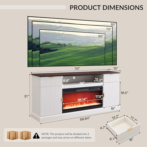 IFGET Fluted Fireplace TV Stand for TVs Up to 80 inch, Modern Entertainment Center with 36" Electric Fireplace, Wood Media Console w/Drawers and Adjustable Shelves for Living Room, Antique White - color: Antique White