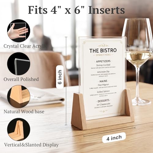 EHWINE 8 Pack 4x6 Acrylic Sign Holder with Wood Base, 2-in-1 Vertical & Slant Back Display, U-Shaped Clear Menu Holder Stand with Non-Slip Base Pads for Table, Desk, Countertop, Restaurant