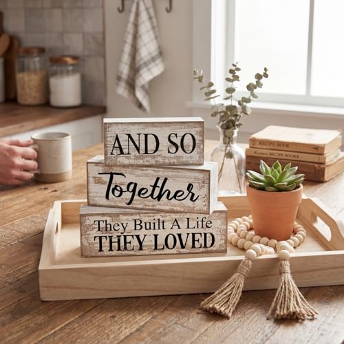 4 Pcs Farmhouse Home Decoration Wooden Tabletop and So Together They Built a Life They Loved Decor Motivational Tiered Tray Decor Rustic Block Sign Retro Bead Garland Table Centerpiece for Shelf Desk - style: and So Together