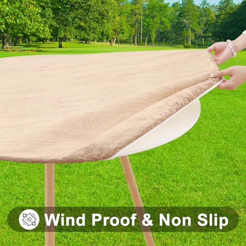 Smiry Round Picnic Tablecloth, Waterproof Elastic Fitted Table Covers for 31" - 35" Tables, Wipeable Flannel Backed Vinyl Tablecloths for Camping, Indoor, Outdoor, Beige - color: Beige, size: For Up To 31"-35" Round