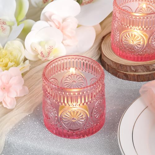 6Pcs Large Votive Candle Holders Pink Glass Tealight Candle Holders for Wedding, Table Centerpiece, Party, Birthday, Home Decor - color: Pink
