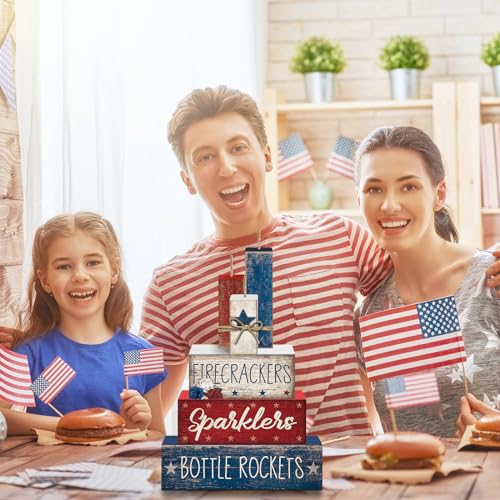 CroBlissful 4 Pcs 4th of July Decorations Patriotic Memorial Day Tabletop Decorations Red White Blue Table Centerpieces Sign for Office Tiered Tray Home Shelf 250th Anniversary(Firecrackers) - style: Firecrackers