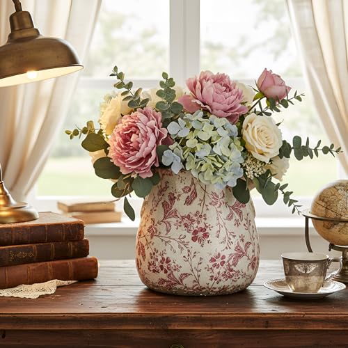 Ceramic Scroll Planter 6.5 Inch Chinoiserie Floral Vase with Drainage Holes Vintage Flower Vase Flower Pot Rustic Ceramic Pots for Indoor Plants Garden Home Bookshelf Decor(Retro Pink) - style: Retro Pink