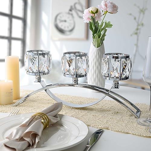 4 Pcs 3-Arm Crystal Tealight Candle Holders, Elegant Metal Arch Candlestick Centerpiece for Wedding, Party, Dining Room Table Decorations, Anniversary (4, Silver-3 Arm) - size: Silver-3 Arm