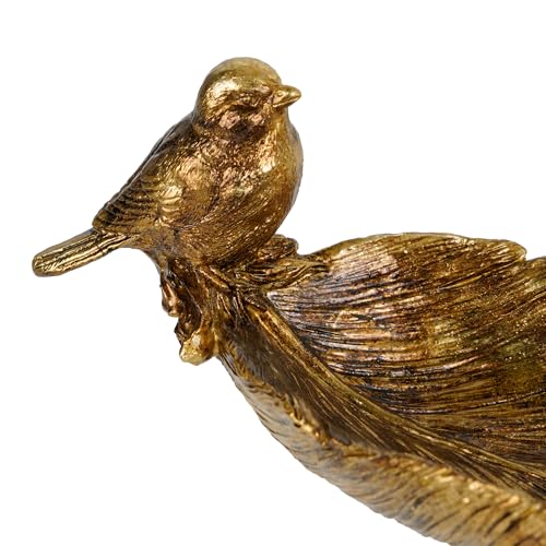 SOFFEE DESIGN Resin Jewelry Tray, Gold Leaf-shaped with Standing Bird, Ring Dish, Decorative Organizer for Entrance Vanity Dresser Bathroom, Bridal Gift Idea