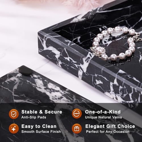 Marble Bathroom Tray for Countertop & Home Decor, Natural Decorative Marble Tray for Jewelry & Perfume Organizer, Luxury Stone Vanity Trays for Dresser, Kitchen Counter, 12" x 8", Black - color: Black