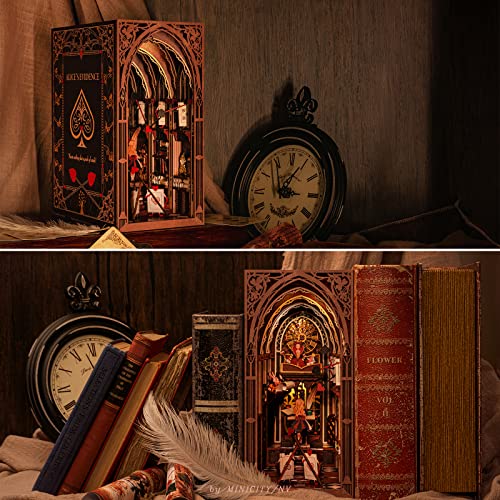 𝗠𝗶𝗻𝗶𝗖𝗶𝘁𝘆 Book Nook Kit, DIY Miniature Dollhouse Booknook Kit, 3D Wooden Puzzle Bookend Bookshelf Insert Decor with LED Light for Teens and Adults (Alice in Wonderland) - style: Alice in Wonderland