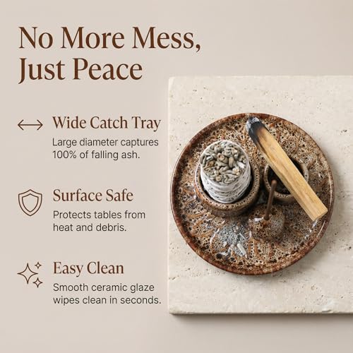 Palo Santo Sticks Holder, Multi-Purpose Handmade Ceramic Incense Burner for Palo Santo Incense Sticks, Sage Holder for Burning, Ash Catcher Tray for Meditation Yoga Room-Brown White - color: Brown White