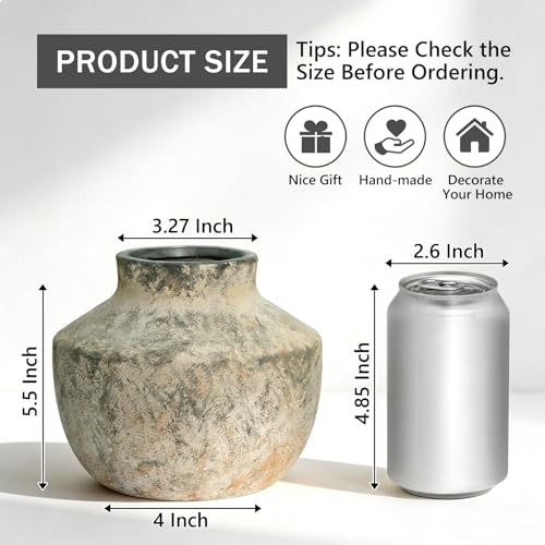Ceramic Vase, 5.5 Inch Pottery Farmhouse Rustic Vase, Handcrafted Weathered Vases, Small Flower Vase for Home Decor, Living Room, Table, Shelf, Mantel, Neutral - color: 5.5"h-neutral