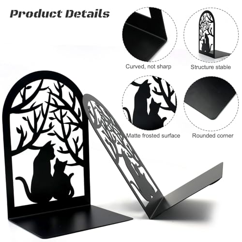 Book Ends, Bookends, Metal Bookend, Cat Decorative Bookends, Bookends for Shelves, Home Decorative Bookends for Heavy Books, Black Non-Skid Book Stopper, 7 x 4.7 x 4 inch (2 Pair)