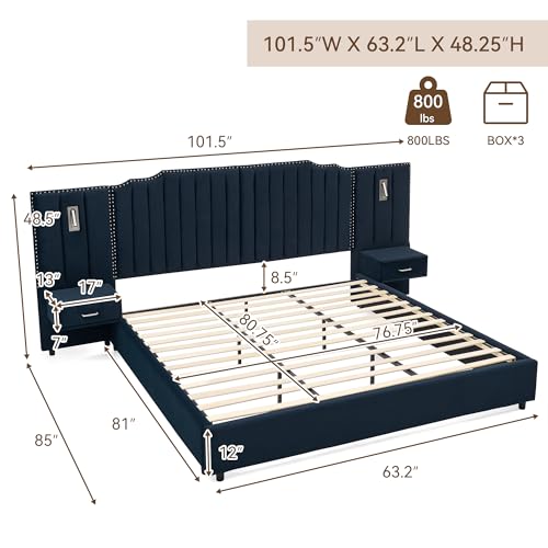 Luxury Queen Size Bed Frame with LED Lights and Nightstands, Modern Velvet Upholstered Platform Bed Frame with Oversized Headboard, Buttons Around, No Box Spring Needed, Dark Blue | Breathable material - color: Dark Blue-velvet, size: Queen