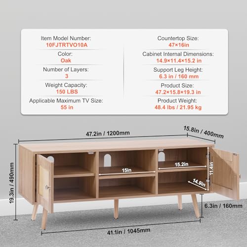 VEVOR Rattan TV Stand, Boho TV Cabinet for 55 inch TV, Mid Century Modern TV Stand, Rattan TV Console with Adjustable Shelfs for Living Room, Media Room, Oak - color: Oak, size: for 55" TVs