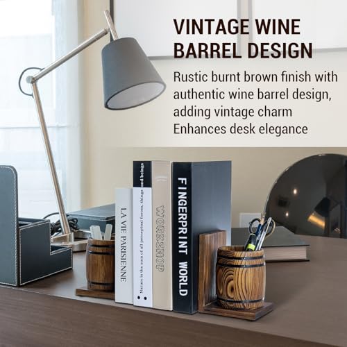 MyGift Wood Decorative Bookends with Pencil Holder, Office Desk Books Ends and Pen Holders as Vintage Wooden Barrels, Heavy Duty Bookends for Shelves, Rustic Burnt Brown Wine Barrel Design,1 Pair