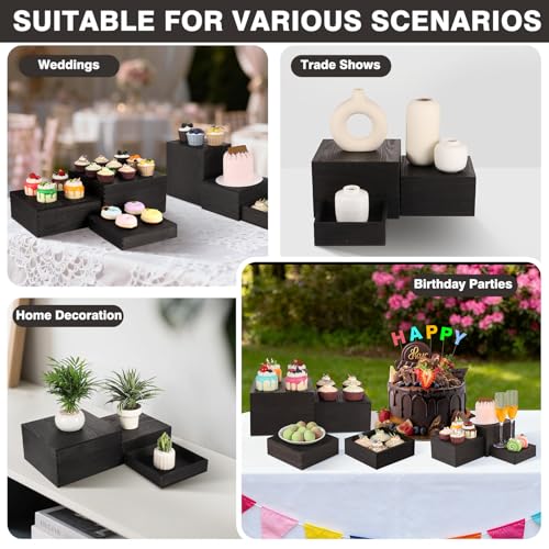6 Pack Wood Cake Cupcake Stand Buffet Risers, Wooden Display Stand Wood Display Riser, Square Food Display Risers for Party Wedding Birthday Home (6" 7" 8" 9" 10" 11") - color: Black 6pcs (6" 7" 8" 9" 10" 11")