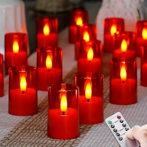 Flameless Small Tea Light LED Candles, Acrylic Battery Operated Votive 1.7" x2.5" with Remote Control and Timer, Tealight Red Flickering Warm Light Pack of 15 Electric Long Lasting - color: Red, size: 15 x 2.5"