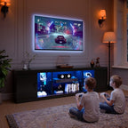 LGHM 70'' Black TV Stand with Lighting, Stylish Modern Entertainment Center with Slip Doors for TVs Up to 80”, Media Console for Living Room - size: 22''H TV Stand