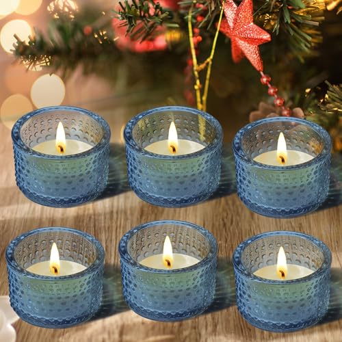 JOYIT Blue Votive Candle Holders Bulk Set of 6, Tealight Candle Holder for Wedding Table Centerpiece, Glass Small Candle Holders for Birthday Party, Valentine's Day, Home Decor (2''X 1.4'') - color: Embossed_blue