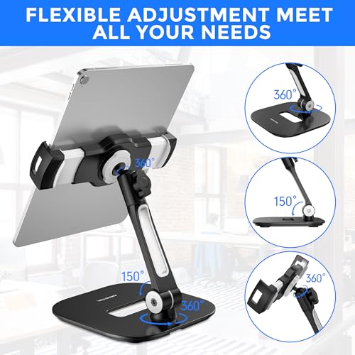 AboveTEK Tablet Stand Holder, Stylish Aluminum iPad Stands, Foldable 360° Swivel Table Stand Holder fits 4-11" Tablets/Smartphones for Kitchen Bedside Office POS Showroom Reception (Black) - color: Black, size: 4"-11"