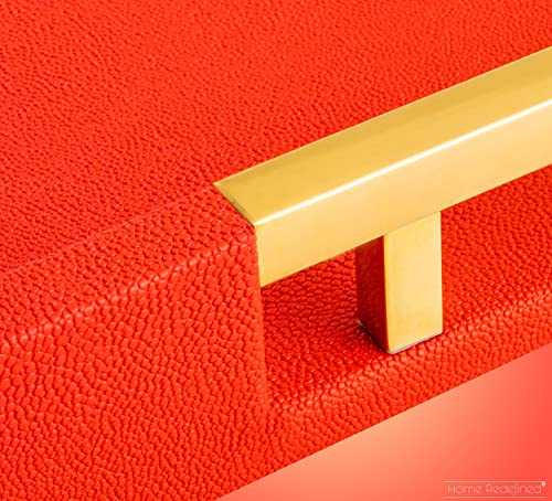 Modern Elegant 17.5"x12" Rectangle Red Shagreen Faux Leather Decorative Tray Ottoman Coffee Table Perfume Living Room Kitchen Serving Tray with Gold Polished Metal Handles by Home Redefined - color: Red/Gold