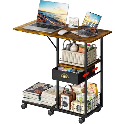 Rolling Coffee Table with Oversized Double-Wide Wood Top, Mobile Tv Tray with Storage Drawer and Wheels for Sofa, Portable Side Table for Living Room, Home Office, Spacious Desk for Working Studying - color: Black, size: 2XL