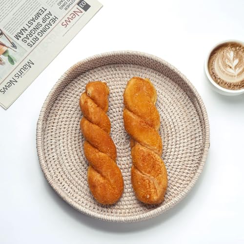 11.8" Round Rattan Tray, Hand Woven Serving Tray with Handles, Wicker Serving Basket, Decorative Tray for Home Decor, Whitewash - color: Whitewash, size: 11.8"