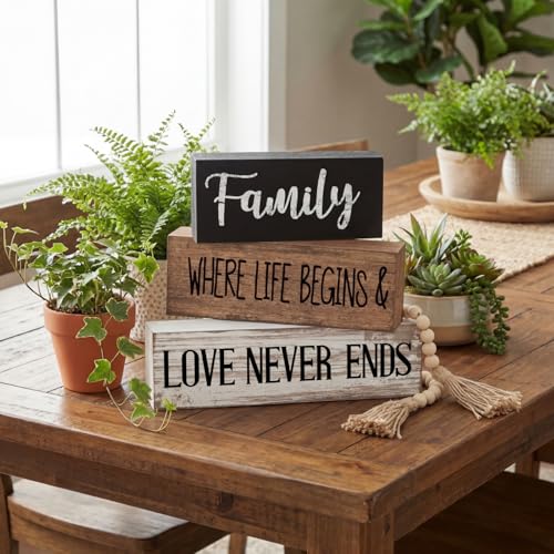 Yuntau 4 Pcs Farmhouse Family Tabletop Decor Tiered Tray Decor Rustic Wood Decorative Stacked Sign Block Gift Retro Bead Garland Family Where Life Begins Love Never Ends Table for Home Shelf Office - style: Famliy