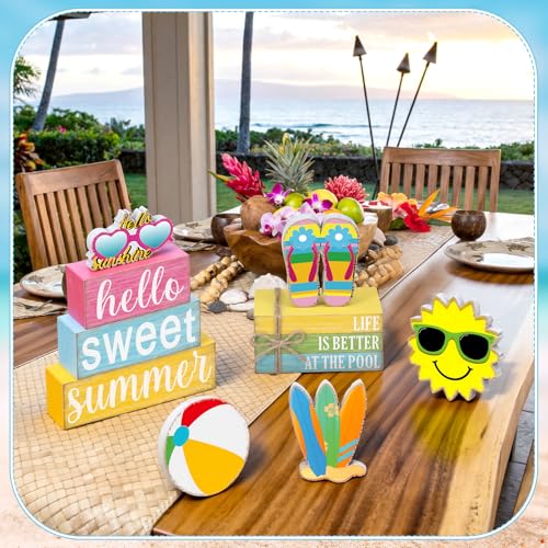 Vercraft 11 Pcs Summer Hawaiian Table Decorations Set Summer Tiered Tray Decor Flip Flops Centerpiece Faux Book Stack Block for Table Home Office Decorations - style: Pool