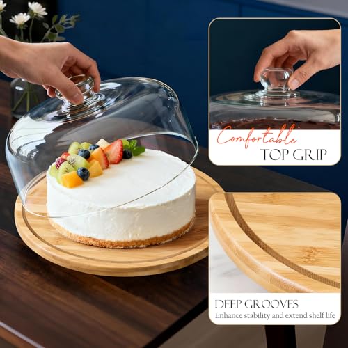 Masthome 11 IN Cake Stand with Lid, Bamboo Wood Rotating Cake Holder with Dome, BPA Free Cake Dish with Cover, Cake Plate with Cover for Birthday/Kitchen/Party/Weddings - color: Rotating Bamboo Cake Stand With Dome