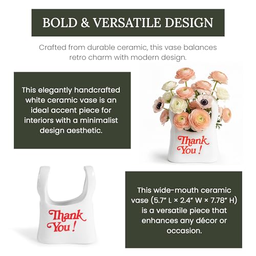 Handmade Ceramic Bag Flower Vase with Red “Thank You” Print | Glossy White Purse Vase for Modern Home Decor, Mantel, Kitchen, Living Room, Table Centerpiece