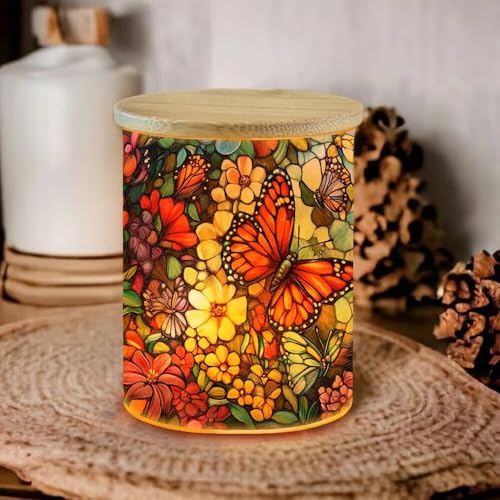 Stained Glass Black Cat Memorial Tea Light Holder Candle Jar Vintage Glass Candlesticks, Animal Votive Candle Holders Tealight with Bamboo Lid, Colorful Flowers Tea Light Holder for Lost Pet - color: Black Cat