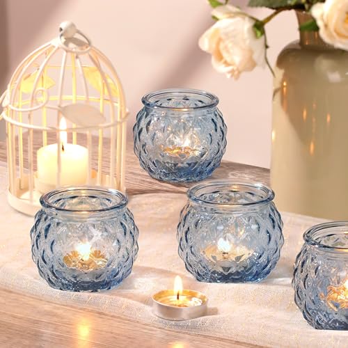 DARJEN Blue Votive Candle Holders Set of 24- Round Glass Candle Holders Bulk for Tea Light Candle, Diamond Texture Candle Votives for Wedding Centerpiece, Party & Home Decor - color: Blue