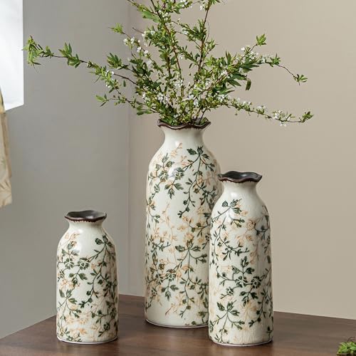 Ceramic Vases Set of 3, Rustic Farmhouse Vases Home Decor, Vintage Chinoiserie Ceramic Floral Vases Decor for Shelves, Ocean Beach Style, Mantle, Fireplace, Coffee Table, Shelf Decorations - color: 05-green and Beige-set of 3