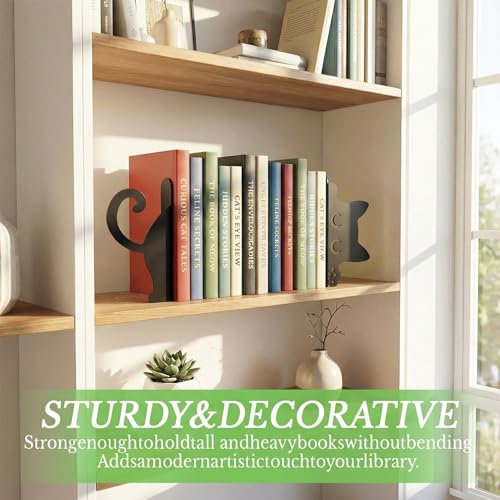 Sanwarm Metal Bookends Funny Black Cat Book Ends Decorative Bookend for Home Office Library Desk Book Shelves Decor, Gift for Reading Enthusiasts Non-Skid Book Stoppers Holder (1 Pair) - color: Cute Cat