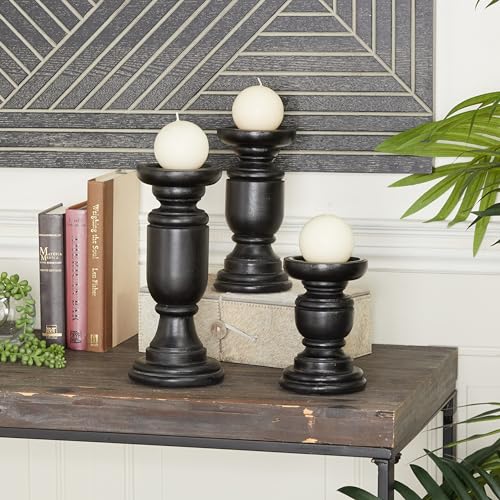 Deco 79 Mango Wood Decorative Candle Holder Turned Style Pillar Candle Stand, Set of 3 Candlestick Holder 10', 8', 6'H, Black - color: Black, size: 3 PIECES SMALL SIZE