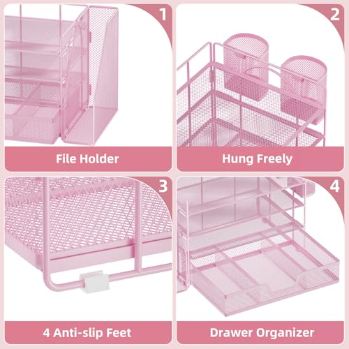 Marbrasse Desk Organizer and Accessories，4-Tier Paper Letter Tray Organizer with File Holder, Workspace Desk Organizers Accessories with Drawer and 2 Pen Holder (Pink, 15.4" x 9.1" x 8.3") - color: Pink