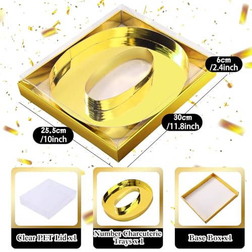 SiliFine 12" Charcuterie Number Shaped Mache with Clear Lid Fillable Sweets Serving Trays Paper Mache Cupcake Candy Box for 2025 Graduation Party Graduation Celebration(Gold,Number 0) - color: Gold, style: Number 0