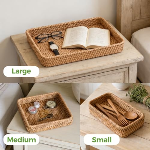 Rattan Serving Tray, Rectangle Basket Set of 3, Wicker Storage and Organizing Baskets, Natural Decorative Woven Tray for Home Decor, Bathroom, Kitchen Counter - style: Set of 3