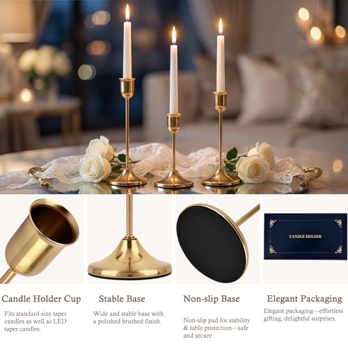 Gold Candlestick Holders Taper Candle Holder for Candlesticks Metal Set of 6 Vintage Centerpiece for Dining Table Wedding Christmas Thanksgiving Fireplace Home Decor Gift 007-TB-6